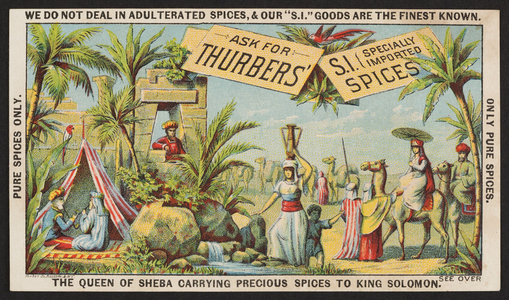 Trade card for Thurbers' Specially Imported Spices, H.K. & F.B. Thurber & Co., location unknown, undated