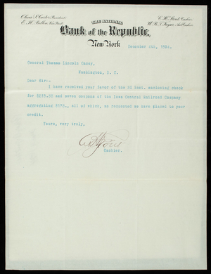 Charles H. Stout/National Bank of the Republic to Thomas Lincoln Casey, November 4, 1894