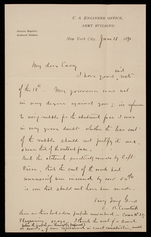 [Cyrus B. Comstock] to Thomas Lincoln Casey, June 18, 1891