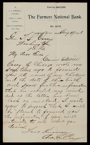 [Charles] E. Casey to Thomas Lincoln Casey, August 19, 1891