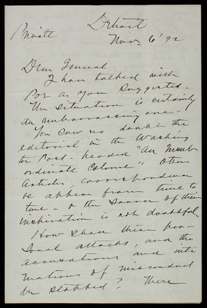 William Ludlow to Thomas Lincoln Casey, November 6, 1892