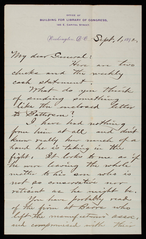 [Bernard R.] Green to Thomas Lincoln Casey, September 1, 1892