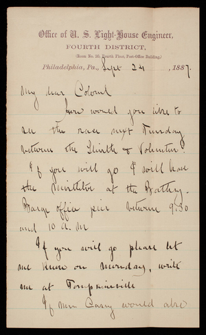 D. P. Heap to Thomas Lincoln Casey, September 24, 1887