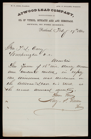 Aug. P. Fuller to Thomas Lincoln Casey, February 19, 1884