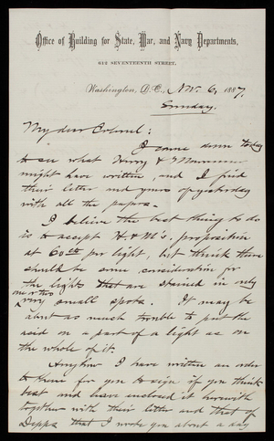 Bernard R. Green to Thomas Lincoln Casey, November 6, 1887