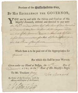 Authorization of payment from Massachusetts Governor Francis Bernard to Andrew Oliver, 10 December 1766