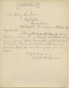 Letter from Benjamin Smith Lyman to Henry C. Mercer