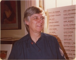 Doris E. Abramson (Common Reader Bookshop), with a list of some of her women playwrights