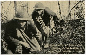 Barbed wire cut, Americans creeping on the Germans with hand grenades, France