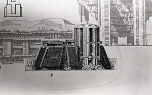 Architectural sketch of imagined city by Paolo Soleri