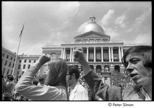 Kent State Shooting Demonstration at the Boston State House: protestors gathered on the State House steps and lawn