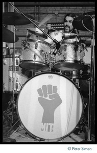 Mickey Hart (Grateful Dead) performing on drums in concert at MIT during the student strike against the war in Vietnam and killings at Kent State