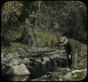 Orient Brook: man looking into pail, suspended by sticks beside brook