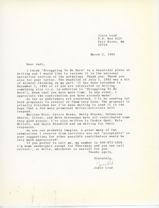 Letter from Jinie Lind to Judi Chamberlin