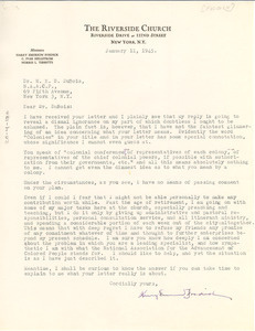 Letter from Harry Emerson Fosdick to W. E. B. Du Bois