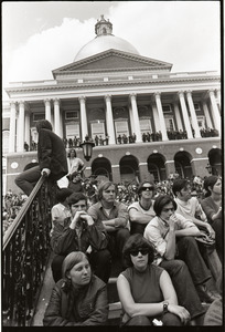 Demonstration at State House against the killings at Kent State: crowd seated on the steps of the State House