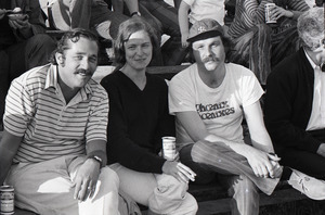 Boston Phoenix vs. WBCN staff softball game: Harper Barnes (r) with two unidentified staff members