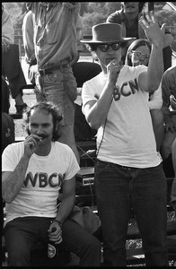 Boston Phoenix vs. WBCN staff softball game: Danny Schechter speaking into a microphone