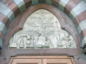 Former Berkshire Athenaeum: James A. Bowes Building – Pittsfield Probate Courthouse: dedicatory plaque above front entrance: 'This tribute to science, art, and literature, the gift of Thomas Allen to his native town 1876'