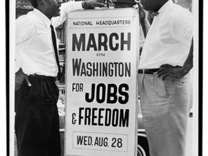 In front of 170 W 130 St., March on Washington, l to r Bayard Rustin, Deputy Director, Cleveland Robinson, Chairman of Administrative Committee