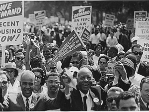 Civil Rights March on Washington, D.C. [Leaders of the march leading marchers down the street.], 08/28/1963