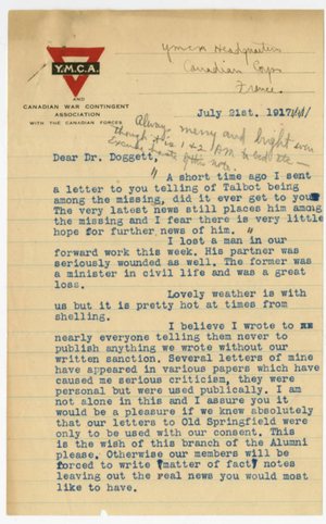 Letter from Frank B. Wilson to Laurence L. Doggett (July 21, 1917)