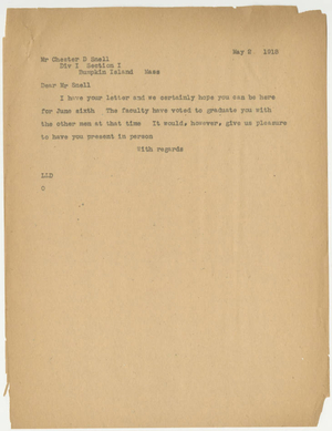 Letter from Laurence L. Doggett to Chester D. Snell (May 2, 1918)