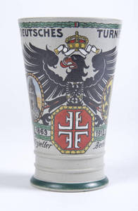 Stoneware beaker commemorating 1913 Leipzig Turnfest, signed by Franz Ringer