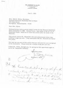 Letter by Dr. Forrest (Fogg) C. Allen to the Basketball Hall of Fame, June 5, 1964