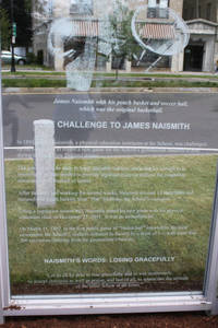 The Challenge to Naismith panel in the Monument to the First Game of Basketball on Mason Square, 2011