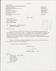 [Letter from Caroline B Playter to Linda Walsh Esq. re: lack of Hispanic and other Minority Teachers]