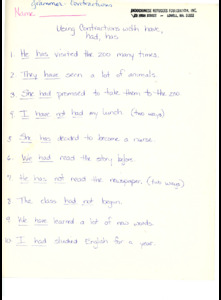 Worksheet to help students practice using contractions with "have", "had", and "has" in a sentence, [1984]