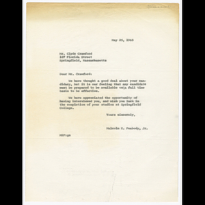 Letter from Malcolm E. Peabody, Jr. to Mr. Clyde Crawford about position in the Roxbury Work and Study Project