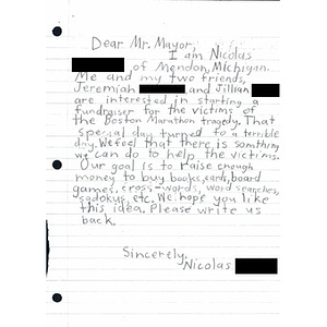 Letter from a child in Mendon, Michigan