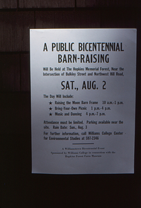 Poster advertising the Moon Barn Raising at entrance to Hopkins Forest on 2 August 1975.