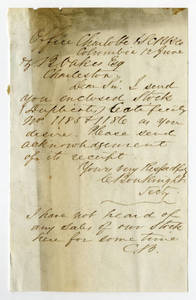Letter by C. Bouknight from Office, Charlotte & S.C.R.R. Co., Columbia, to Ziba Oakes