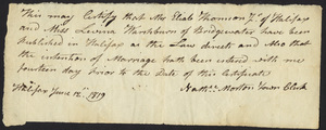 Marriage Intention of Elias Thomson Jr. and Levina Washburn of Bridgewater, Massachusetts, 1819