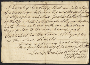 Marriage Intention of Zenas Bryant of Plympton, Massachusetts and Judith L. Sturtevant, 1822