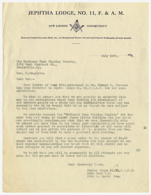 Letter from Jephtha Lodge, No. 11, to Reverend O. Singleton, 1922 July 18