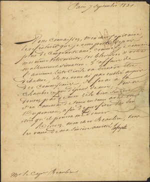 Letter from the Marquis de Lafayette to Captain Beaulieu, 1831 September 7