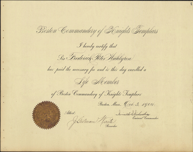 Knights Templar life membership certificate issued to Frederick Peter Wahlgren, 1904 October 3