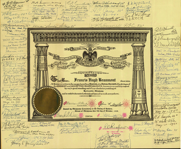 32° certificate issued to Francis Hugh Beaumont, 1939 October 5