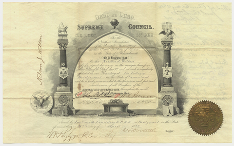 32° traveling certificate issued to Nelson J. Welton, 1882 April 28