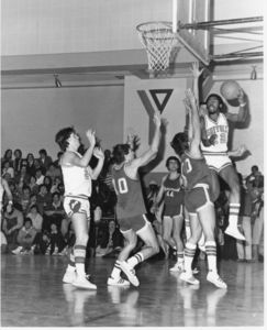 Suffolk University men's basketball team plays a game against Merrimack College at the Cambridge YMCA, 1978
