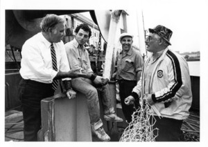 John Joseph Moakley meets with a group of local fishermen, 1982