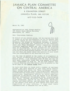Letter from Virginia Zanger (of the Jamaica Plain Committee on Central America) to John Joseph Moakley, 30 March 1983