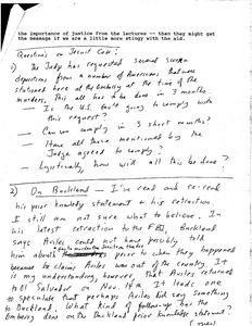 Handwritten questions on Jesuit murder case, U.S. Major Eric Buckland, U.S. military aid, and the Frente Farabundo Marti para la Liberacion Nacional (FMLN) and the Salvadoran government