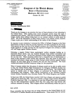 Letter from John Joseph Moakley to constituents (names redacted) regarding Iraqi prisoners of war, 20 October 1993