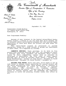Letter from Fred Salvucci to John Joseph Moakley about the Central Artery/Third Harbor Tunnel project, 23 September 1987