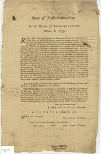 State of Massachusetts-Bay : In the House of Representatives, October 8, 1779. Resolved, that the Selectmen or Committee of each town and plantation in this State, be, and they hereby are required to render under oath a full account of all supplies furnished before the 15th of October...
